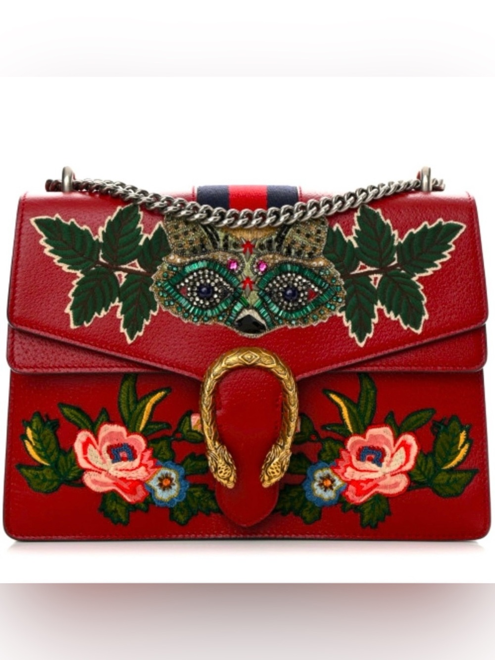 Calfskin Web Raccoon Gucci
Embroidered Large Dionysus
Shoulder Bag Red